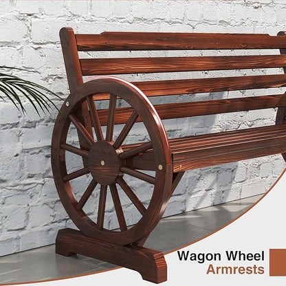 kinbor 55" Wooden Rustic Wagon Wheel Bench, Outdoor Bench Seat, Patio 2-Person Bench with Backrest