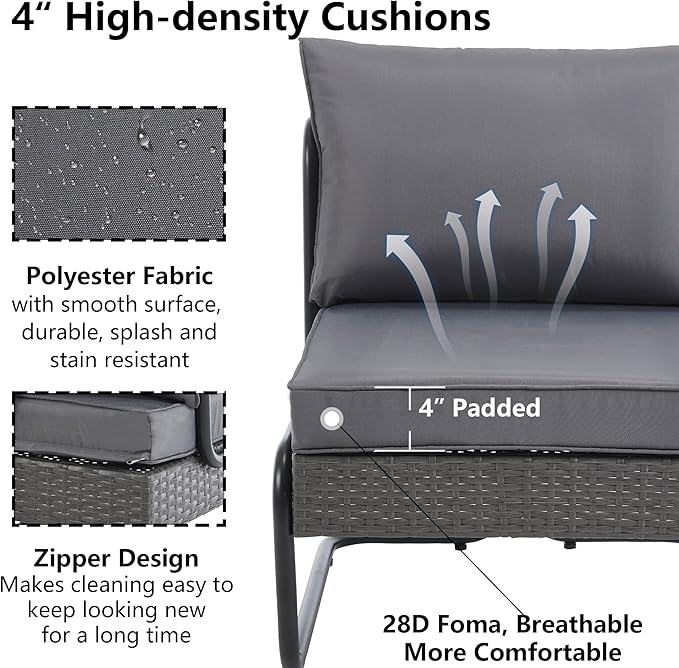 4 Piece Patio Furniture Set, Modern Patio Conversation Set for 5, All Weather Bistro Furniture Set, Metal Patio Sofas Outdoor Sectional with Coffee Table and Cushions for Lawn/Garden, Gray