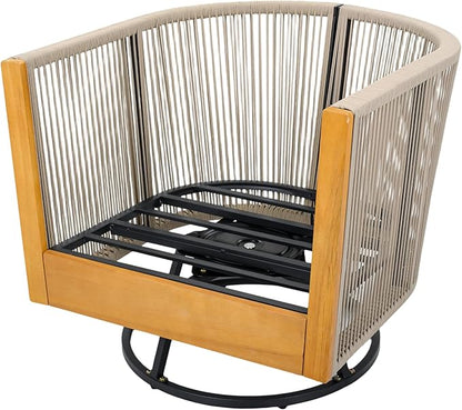 Merax Outdoor Swivel Chair, 360-Degree Rotation, Natural Acacia Wood with Handwoven Beige Rope Design and Seat Cushion, Metal Swivel Base, Weather-Resistant Chair for Patio Garden Balcony