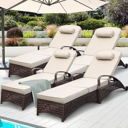 NOBLEMOOD Outdoor Chaise Lounge Wicker Patio Lounge Chair with Wheels, Adjustable 6 Position Pool Reclining Chair with Gray Thickened Fabric Cushion & Pillow, Pack of 4