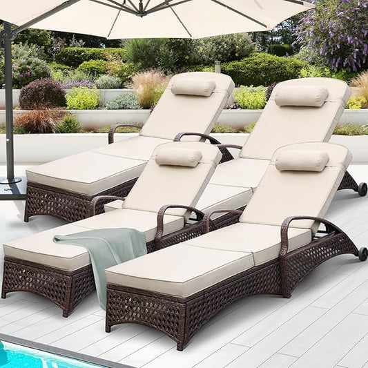 NOBLEMOOD Outdoor Chaise Lounge Wicker Patio Lounge Chair with Wheels, Adjustable 6 Position Pool Reclining Chair with Gray Thickened Fabric Cushion & Pillow, Pack of 4