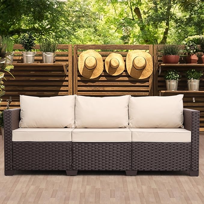 Patio Furniture 3-seat Sofa Wicker Outdoor Furniture Outdoor Couch Deep Seat Hight Backrest Non-Slip Cushions, Khaki - Photo 1