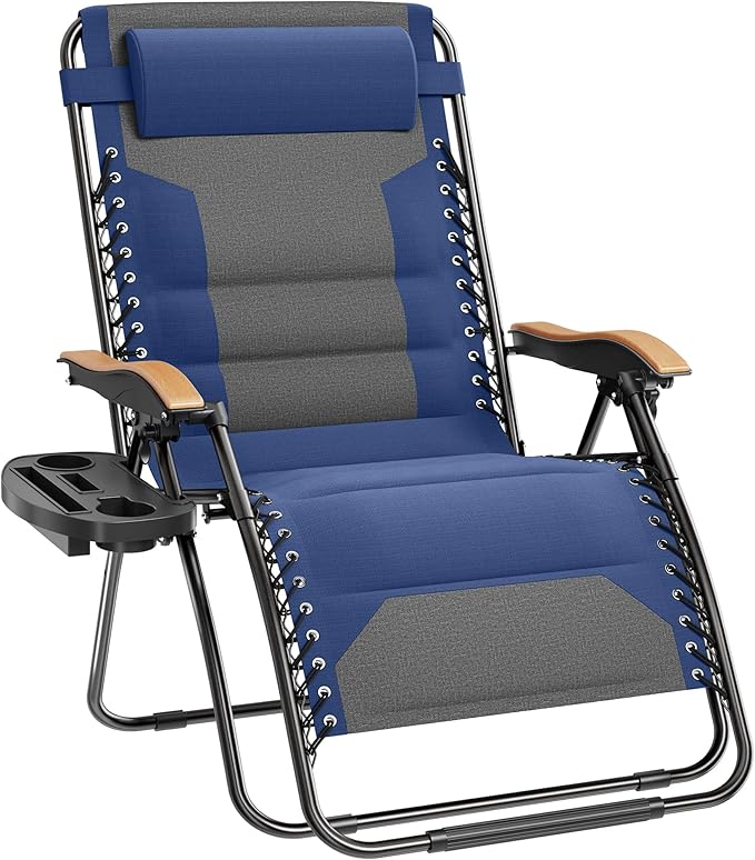 PHI VILLA XXL Oversized Padded Zero Gravity Chair, Foldable Patio Recliner, 30" Wide Seat Anti Gravity Lounger with Cup Holder, Support 400 LBS (Thumb Blue)