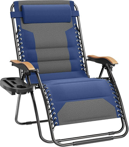 PHI VILLA XXL Oversized Padded Zero Gravity Chair, Foldable Patio Recliner, 30" Wide Seat Anti Gravity Lounger with Cup Holder, Support 400 LBS (Thumb Blue)
