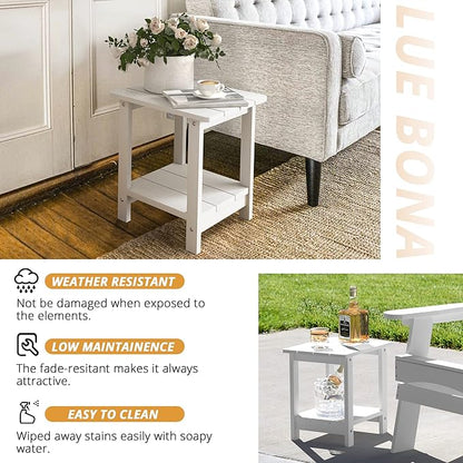 LUE BONA Adirondack Outdoor Side Table, 2-Tier White HDPS Patio End Table Weather Resistant, Morden Side Table for Patio, Pool, Porch