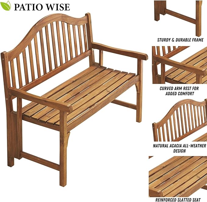 Foldable Acacia Wood Garden Bench, 4 Foot Indoor/Outdoor Wooden Porch, Patio, & Park Seating, Curved Backrest and Armrest, 48" Wide x 24-3/4" Deep x 41" High, Teak Color