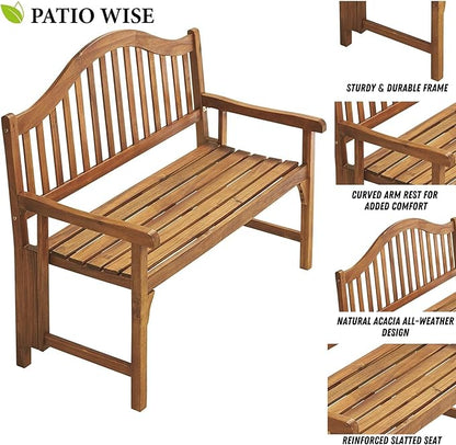 Foldable Acacia Wood Garden Bench, 4 Foot Indoor/Outdoor Wooden Porch, Patio, & Park Seating, Curved Backrest and Armrest, 48" Wide x 24-3/4" Deep x 41" High, Teak Color