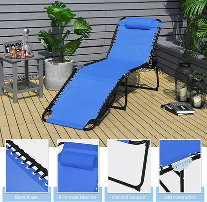 Giantex Patio Chaise Lounge Chair - 16” High Folding Tanning Chair with Removable Headrest, 4-Gear Backrest, 2-Position Anti-Skid Foot-Pads, Sunbathing Beach Chair, Set of 2 Camping Cot, Navy