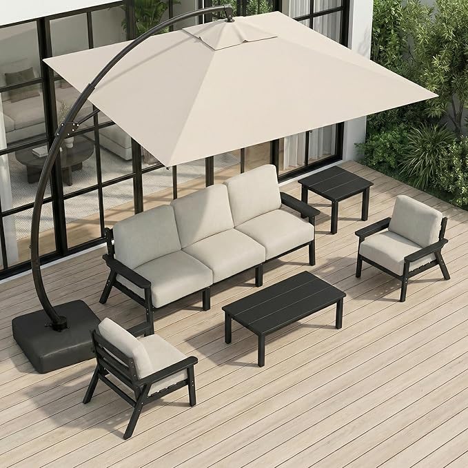 HDPE Patio Furniture Set with Cantilever Umbrella, Outdoor Couch with Washable Thick Beige Cushions & Tables, Outdoor Sectional Furniture for Deck, Lawn, Porch (Black Frame)