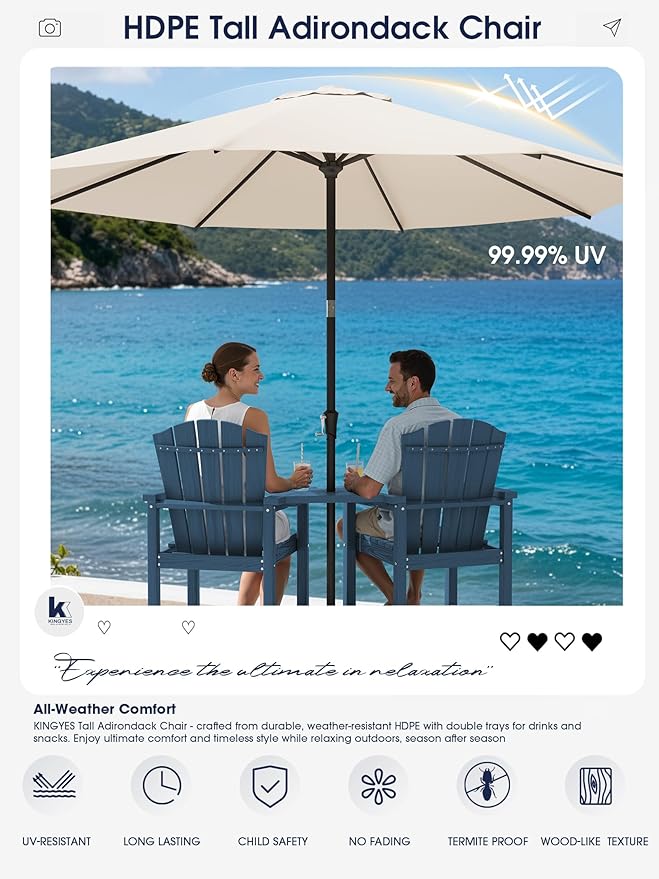 KINGYES Tall Adirondack Chair Set of 4 with 9FT Umbrella, Embossed Balcony Height Chair with Removable Double Connecting Trays, High Airondack Chair with Wood Grain, Deck, Lawn, Blue