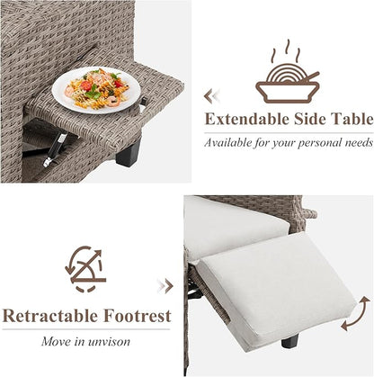 HOMREST Outdoor Recliner Chair with Flip-up Table, Wicker Reclining Chair with 150°Adjustable Backrest, Rattan Armchair with Integrated Footstool & Removable Cushion for Gardens, Light Gray