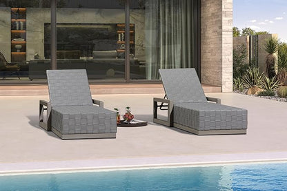 PURPLE LEAF Outdoor Chaise Lounge Set of 2, PU Leather Patio Lounge Chair Aluminum Pool Lounge Chairs with 5-Position Adjustable Backrest for Pool, Deck, Garden, Sunbathing, Grey