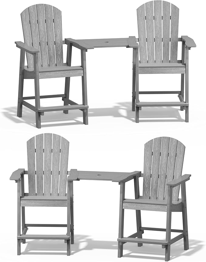 YEFU Balcony Chair, Tall Adirondack Chair Set of 4 with Connecting Tray, Poly Lumber Adirondack Chair Bar Stools, Patio Stools, 380lbs, Weather Resistant for Outdoor Deck Lawn Pool Backyard-Grey