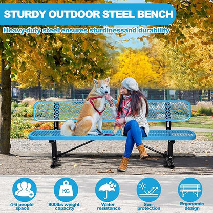 8FT/96INCH Heavy Duty Metal Park Bench for Outside, Outdoor Garden Benches with Backrest & Portable Frame, Expanded Metal Mesh Bench for Shopping Malls, Lawn, Park, Deck, Patio, Porch, Blue
