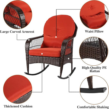 Outdoor Wicker Rocking Chair, 2 Piece PE Rattan Rocker Set with Cushion & Pillow, Outdoor Rocking Furniture for Garden, Porch, Backyard, Poolside (Brown Rattan+ Orange Cushion)