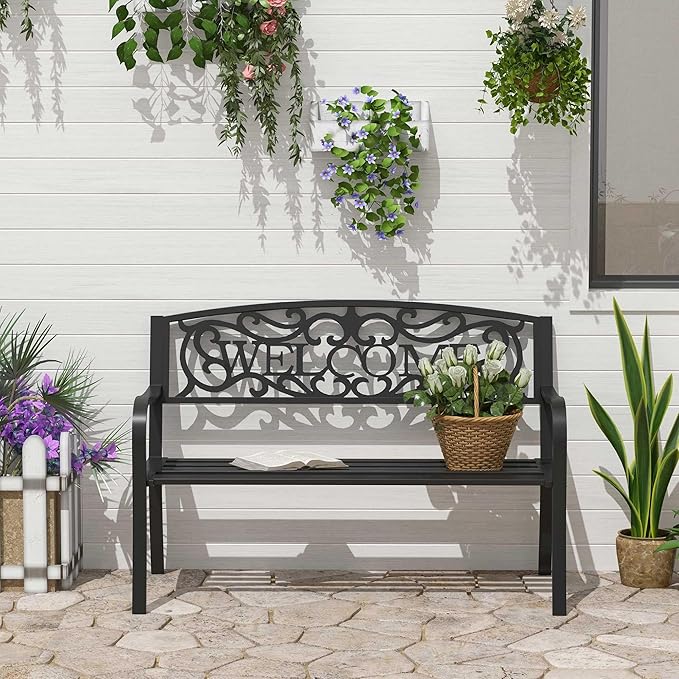 Metal Outdoor Garden Bench with Welcome Design