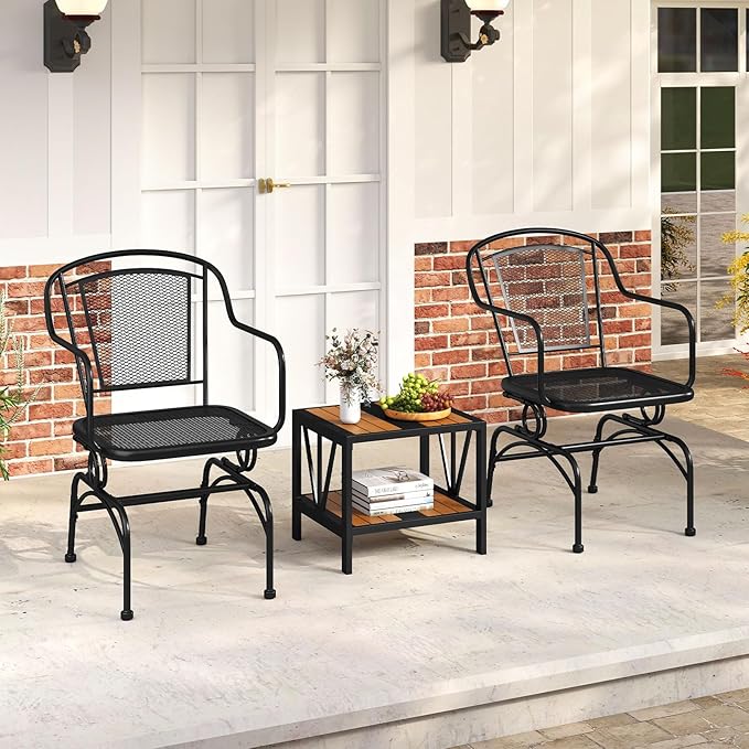 Tangkula Outdoor Rocking Chair Set of 2, Patio Rocker Chairs with Steady Rocking Function, Outdoor Dining Chairs with Metal Mesh Backrest & Seat, Armrest, Adjustable Foot Pads for Yard, Deck, Balcony