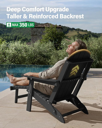 YEFU Adirondack Chair with Retractable Ottoman: Adjustable Folding Adirondack Chairs with Cup Holder - Sturdy HDPE Plastic Fire Pit Chairs Set of 6 - All Weather for Outdoor/Patio/Pool/Deck(Black)