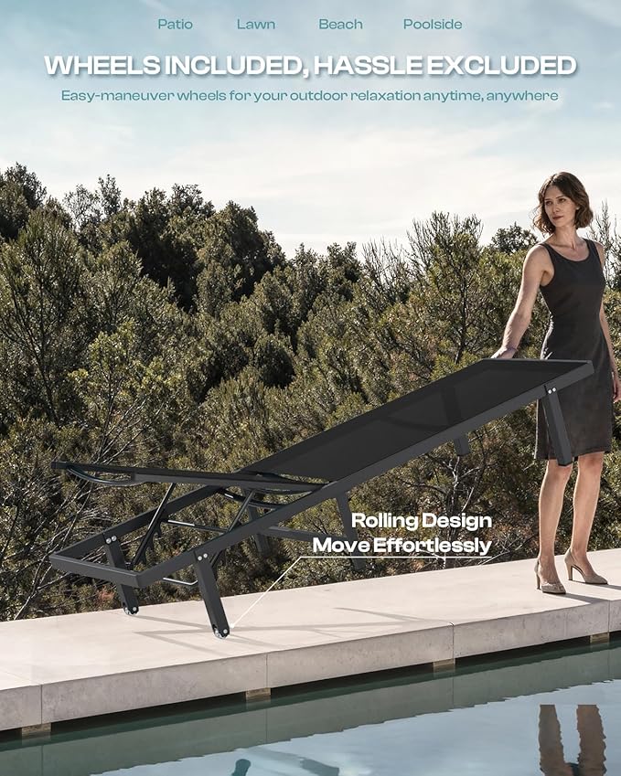 Aluminum Outdoor Lounge Chairs Set of 2, Pool Lounge Chairs with Wheels and 5-Position Recliner -Easy to Move- Patio Chaise Lounge Outdoor for Poolside, Deck, Beach (Black)