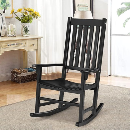 Tangkula Acacia Wood Porch Rocking Chair, Wooden Rocking Chair Rocker with High Back & Armrest for Indoor Outdoor Use, Patio Rocker for Garden Lawn Balcony Backyard Poolside (1, Black)