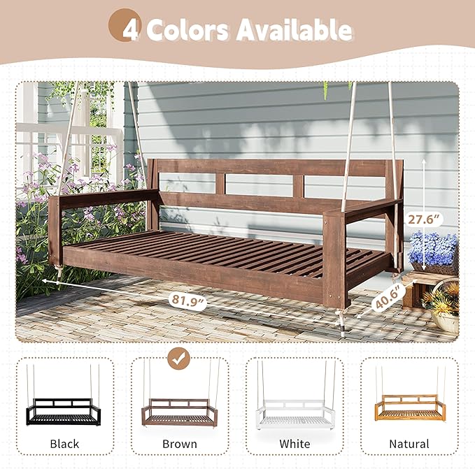 LUMISOL Twin Size Porch Swing Daybed Frame, Garden Porch Swing Bench Chair with 4 Hanging Ropes for Backyard Outdoor - Photo 5
