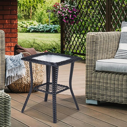 Outdoor Wicker Side Table, Rattan End Table with Glass Top, Patio Coffee Bistro Table for Indoor Garden Porch Balcony (Black)