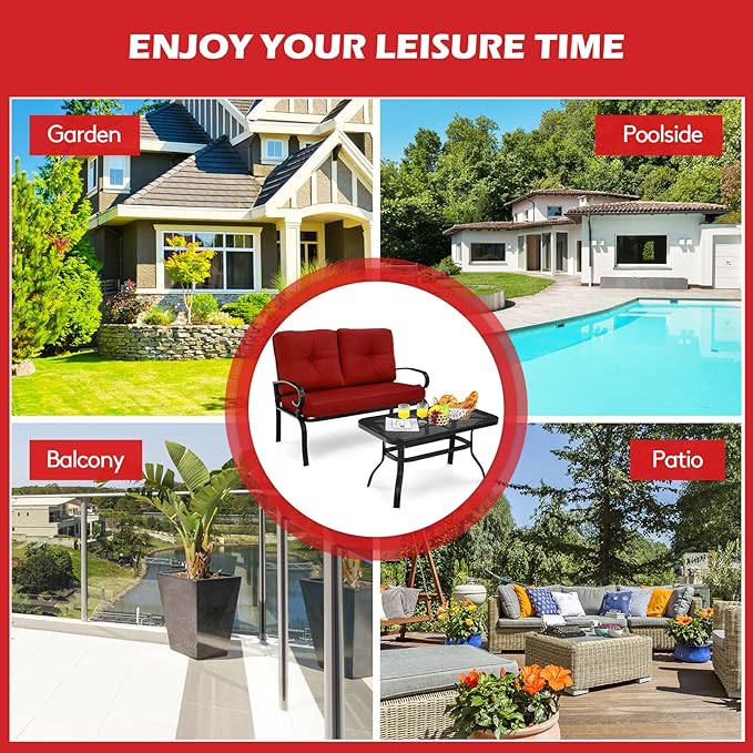 Giantex Patio Loveseat with Coffee Table Outdoor Bench with Cushion and Metal Frame, Loveseat Porch Furniture Set Sofa for Garden, Yard, Patio or Poolside (Deep Red & Black)