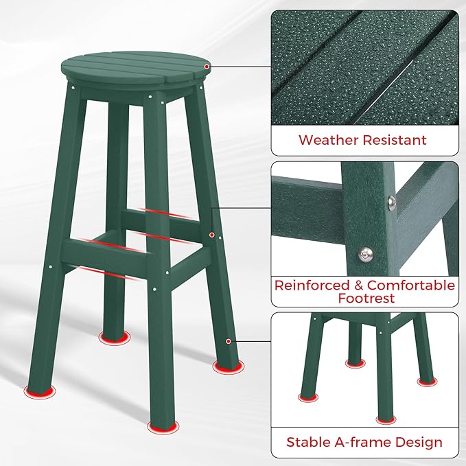 Costaelm 29" Height Outdoor Bar Stools, All-Weather Bar Stools, Adirondack Poly Patio Round Bar Stool for Patio, Deck, Kitchen Counter and Garden, Dark Green