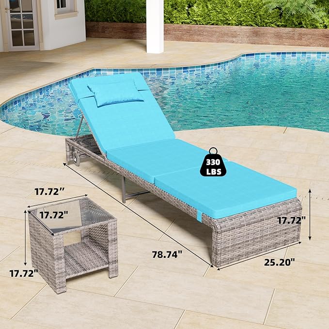 Chaise Lounge Set 3 Pieces, Outdoor Modern Patio Furniture Lounge Chairs Set of 2 with Adjustable Backrest & Side Table, Durable PE Wicker, Weather Resistant Cushions, Blue