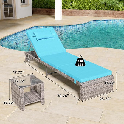 Chaise Lounge Set 3 Pieces, Outdoor Modern Patio Furniture Lounge Chairs Set of 2 with Adjustable Backrest & Side Table, Durable PE Wicker, Weather Resistant Cushions, Blue