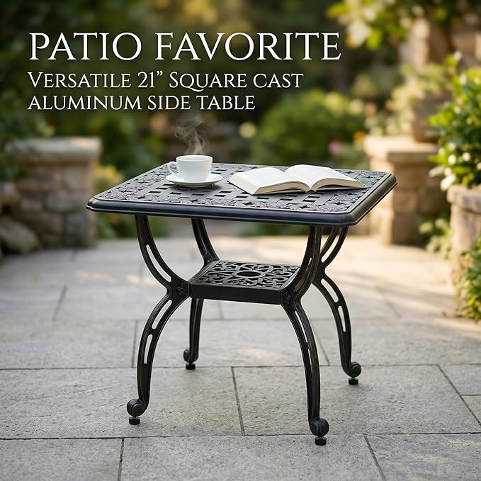 Square Outdoor Coffee Table Set of 2, Cast Aluminum Side Table with Storage,Indoor End Table, All-Weather Bistro Table for Patio Garden Lawn, Black
