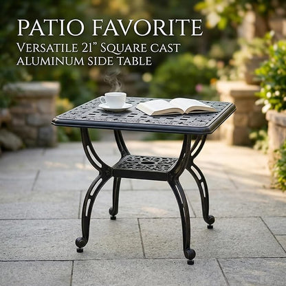 Square Outdoor Coffee Table Set of 2, Cast Aluminum Side Table with Storage,Indoor End Table, All-Weather Bistro Table for Patio Garden Lawn, Black