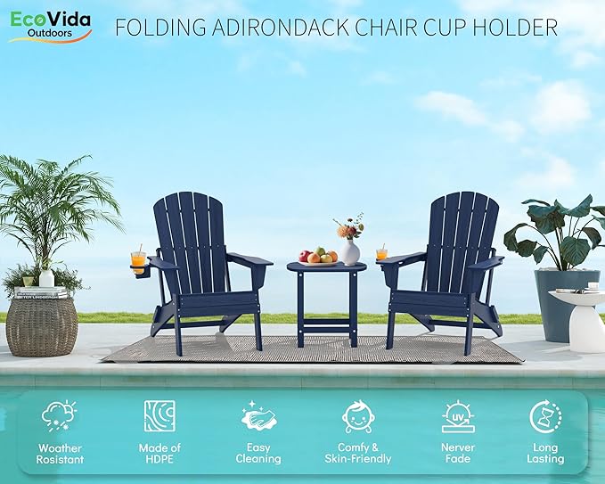 Upgraded Folding Adirondack Chair with All-Weather Cup Holder-EcoVida, Premium Wood Grain Texture, HDPE Waterproof - Photo 4