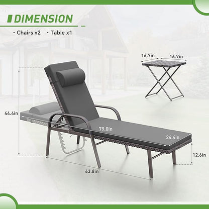 Kurapika Patio Chaise Lounge Set 3 Pieces Outdoor Lounge Chair, Rattan Reclining Chair Adjustable Backrest, Pool Sunbathing Recliners with Folding Table for Poolside Beach, Black