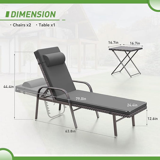 Kurapika Patio Chaise Lounge Set 3 Pieces Outdoor Lounge Chair, Rattan Reclining Chair Adjustable Backrest, Pool Sunbathing Recliners with Folding Table for Poolside Beach, Black