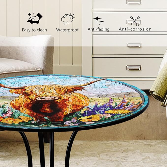 18" Outdoor Side Table, Highland Cattle Round Accent Table, Metal Indoor Small End Tables, Plant Stand Tables for Patio Yard Balcony Garden Bedside