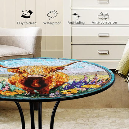 18" Outdoor Side Table, Highland Cattle Round Accent Table, Metal Indoor Small End Tables, Plant Stand Tables for Patio Yard Balcony Garden Bedside