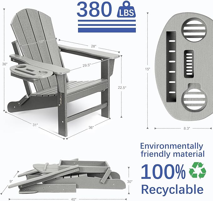 FOOWIN Folding Adirondack Chair Set of 6, HDPE Adirondack Chairs with Cup Holder - Photo 2