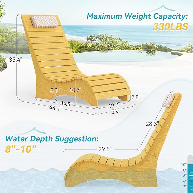 HDPS Pool Lounge Chairs Set of 2, Use in Pools Lounge Chairs up to 10-Inches of Water, Chaise Chairs with Headrest, Lounge Chair Outdoor, Fade-Resistant Pool Lounger for Deck