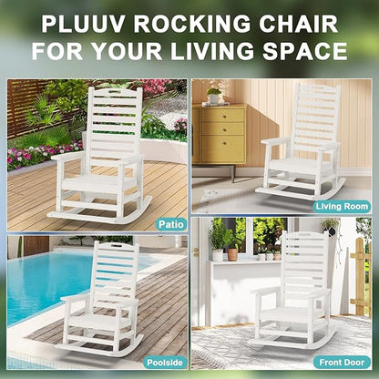 PLUUV Outdoor Rocking Chair with Removable Footboard for Adults, HDPE High Back Patio Rocking Chairs, 330lbs All Weather Porch Rocking Chairs for Outdoor & Indoor -White