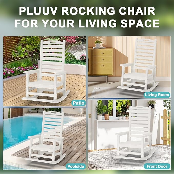 PLUUV Outdoor Rocking Chair Set of 2 with Removable Footboard for Adults, HDPE High Back Patio Rocking Chairs, 330lbs All Weather Porch Rocking Chairs for Outdoor & Indoor -White