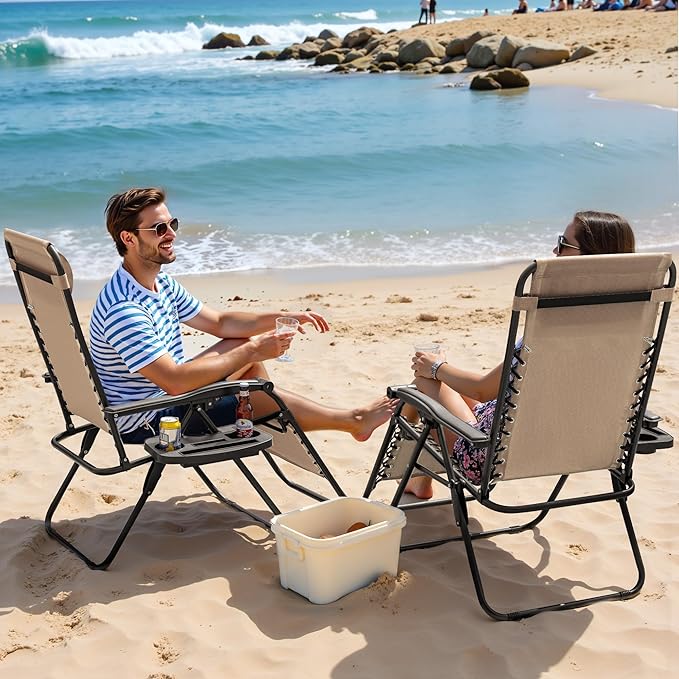 Greesum Zero Gravity Chairs Set of 2 Adjustable Steel Mesh Recliners Beach Deck Lawn Camping Patio Foldable Lounge Chair with Cup Holder Trays and Pillows,Cream-Coloured