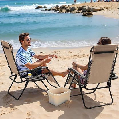 Greesum Zero Gravity Chairs Set of 2 Adjustable Steel Mesh Recliners Beach Deck Lawn Camping Patio Foldable Lounge Chair with Cup Holder Trays and Pillows,Cream-Coloured