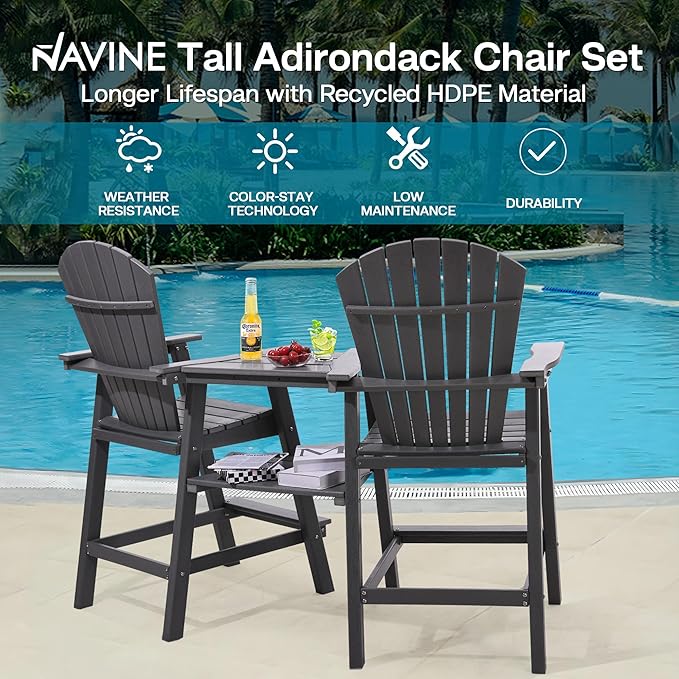 Tall Adirondack Chairs Set of 8, HDPE Balcony Chair with Double Connecting Tray, Weather Resistant Outdoor Adirondack Bar Stools for Patio, Deck, Patio, Backyard, Balcony. (Grey)