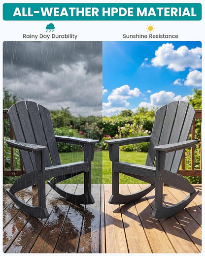 SERWALL Outdoor Adirondack Rocking Chair, All-Weather HDPE Porch Rocker Chair, Patio Adirondack Rocker Chair for Lawn Porch Deck, Grey