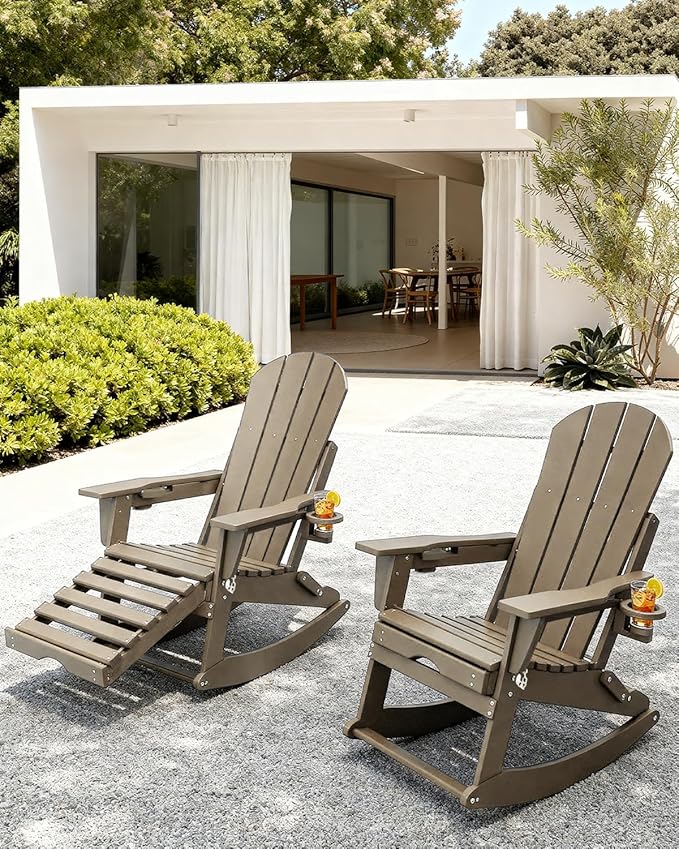 Adirondack Rocking Chairs Set of 8 with Retractable Ottoman, All Weather Folding Adirondack Chair with Two Cup Holders, Adirondack Outdoor Rocking Chairs for Porch, Patio, Balcony. Brown