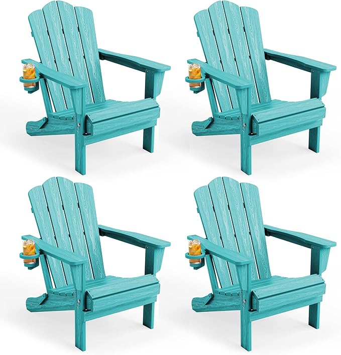 KINGYES Folding Adirondack Chair Set of 4, HDPE All-Weather Patio Chairs with Cup Holder - Photo 1