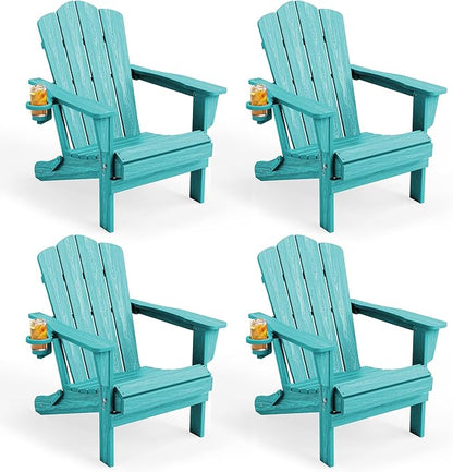 KINGYES Folding Adirondack Chair Set of 4, HDPE All-Weather Patio Chairs with Cup Holder, Wooden Textured Fire Pit Chairs for Poolside, Backyard, Deck, Aruba
