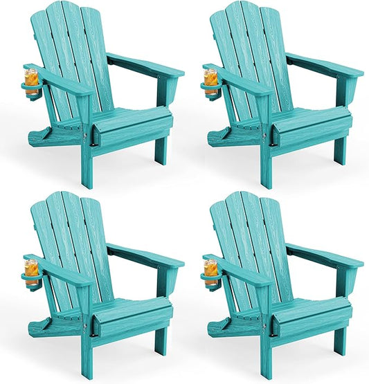KINGYES Folding Adirondack Chair Set of 4, HDPE All-Weather Patio Chairs with Cup Holder, Wooden Textured Fire Pit Chairs for Poolside, Backyard, Deck, Aruba