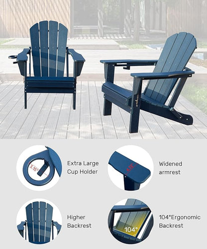 Domi Folding Adirondack Chair, HDPE Adirondack Chair with Cup Holder, Wooden Textured Fire Pit Chairs for Patio Backyard Lawn, Dark Blue